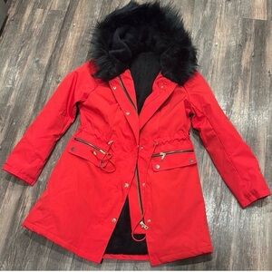 Red Faux Fur Hooded Parka Coat Women’s Small | Plush Lined Winter Jacket | NWOT